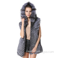 Womens Winter Genuine Fur Long Vests Zipper Closed Fur Sleeveless Overcoats Silver Fox Fur Waistcoats with Hood